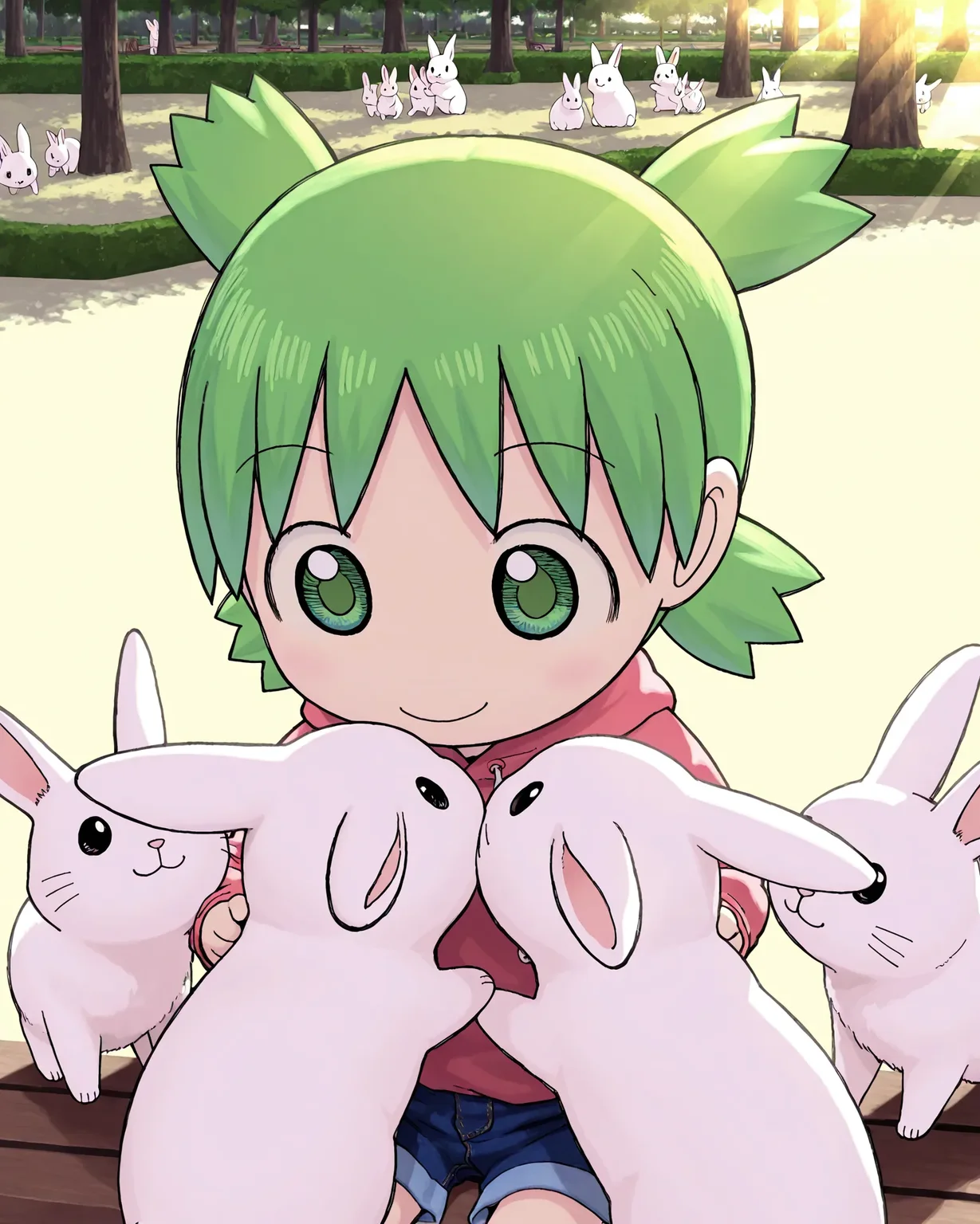 masterpiece, high quality,highres, absurdres,dynamic lighting,super detailed skin,<lora:yotsuba:0.8> yotsuba,1girl,green eyes,green hair,short hair,quad tails,park,happy smile, sitting,close-up, <lora:girl_with_cats:0.6> girl_with_cats,multiple rabbits, girl surrounded by many rabbits, holding, chibi