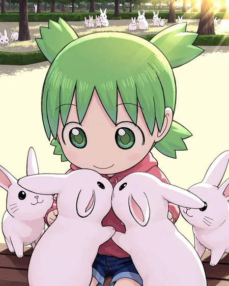 masterpiece, high quality,highres, absurdres,dynamic lighting,super detailed skin,<lora:yotsuba:0.8> yotsuba,1girl,green eyes,green hair,short hair,quad tails,park,happy smile, sitting,close-up, <lora:girl_with_cats:0.6> girl_with_cats,multiple rabbits, girl surrounded by many rabbits, holding, chibi