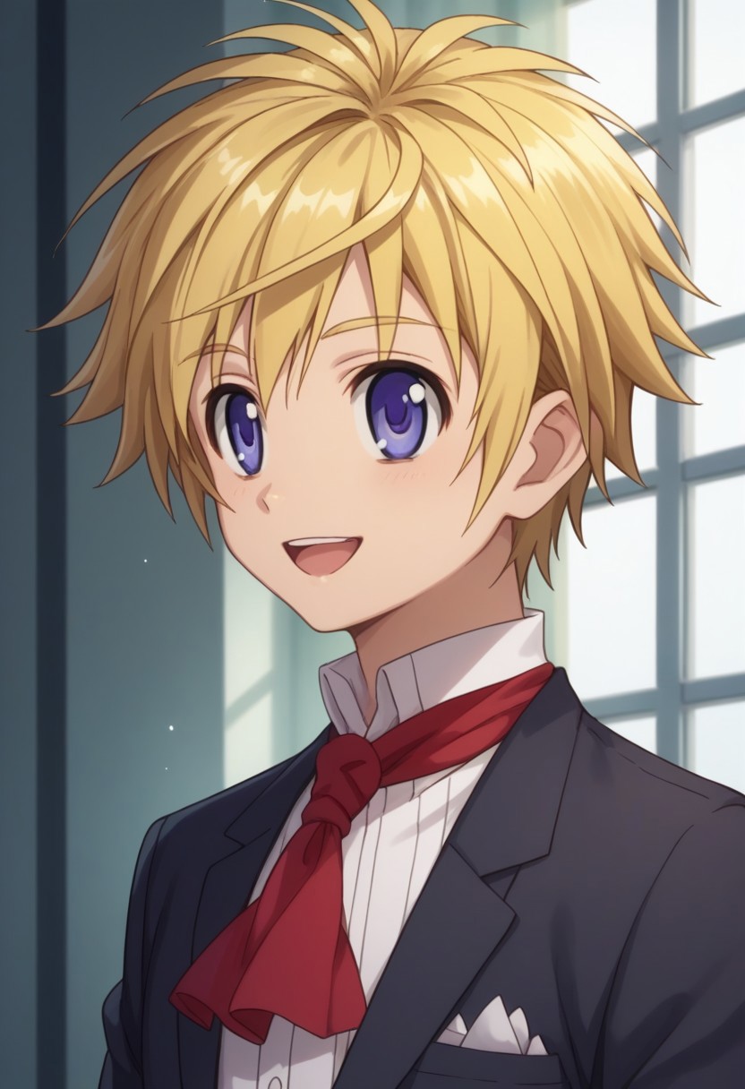 score_9, score_8_up, score_7_up, source_anime, highly detailed, 
izumicinque, 1boy, blonde hair, solo, male focus, 
smile, open mouth, purple eyes, blue eyes, upper body, formal, shirt, ascot, red ascot, jacket, black jacket, pocket square
indoor,