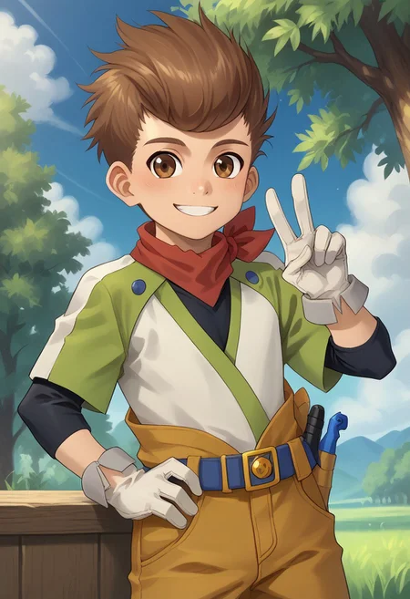score_9, score_8_up, score_7_up, source_anime, highly detailed,
1boy, male focus, solo, brown hair, brown eyes, neckerchief, red neckerchief, short over long sleeves, green shirt, black shirt, pants, yellow pants, upper body, smile, gloves, white gloves, v sign,
outdoor, sky, cloud, tree