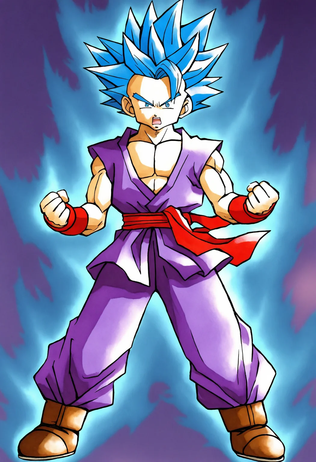 ict style,watercolor \(medium\),1boy, clenched hands,full body, legs apart, purple pants, purple dougi, red sash, red wristband, blue aura,aura, frown, open mouth, looking at viewer, pectoral cleavage, blue hair, blue eyes, spiked hair,(super saiyan blue:0.4), brown shoes,nose,masterpiece, best quality, amazing quality, very aesthetic, absurdres <lora:KenSugimoriIllus:1>