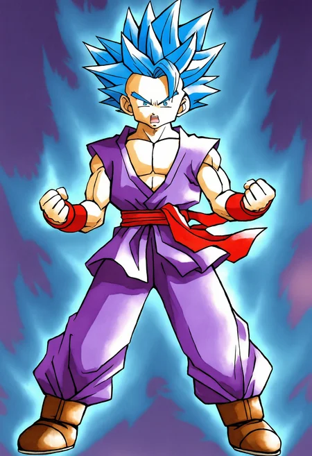 ict style,watercolor \(medium\),1boy, clenched hands,full body, legs apart, purple pants, purple dougi, red sash, red wristband, blue aura,aura, frown, open mouth, looking at viewer, pectoral cleavage, blue hair, blue eyes, spiked hair,(super saiyan blue:0.4), brown shoes,nose,masterpiece, best quality, amazing quality, very aesthetic, absurdres <lora:KenSugimoriIllus:1>