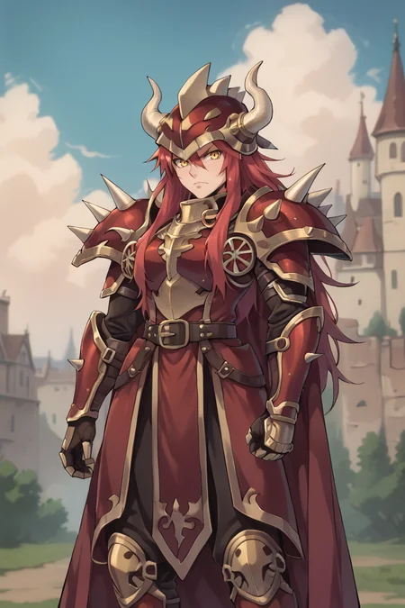 score_9, score_8_up, score_7_up, score_6_up, source_anime, BREAK, <lora:GulcasaPonyXL:0.7> , guldef, 1boy, red hair, long hair, yellow eyes, armor, full armor, spikes, shoulder armor, horned helmet, spiked helmet, horned headwear, shoulder spikes, cape, red cape, pauldrons, gauntlets, greaves, cowboy shot, looking at viewer, serious expression, angry, <lora:zy_Detailed_Backgrounds_v1:0.3> , detailed background, highly detailed, exterior, castle, fortress, day, blue sky, <lora:OldAnimeStyle_PonyXL:0.6> , Vintage, 1990s \(style\),
