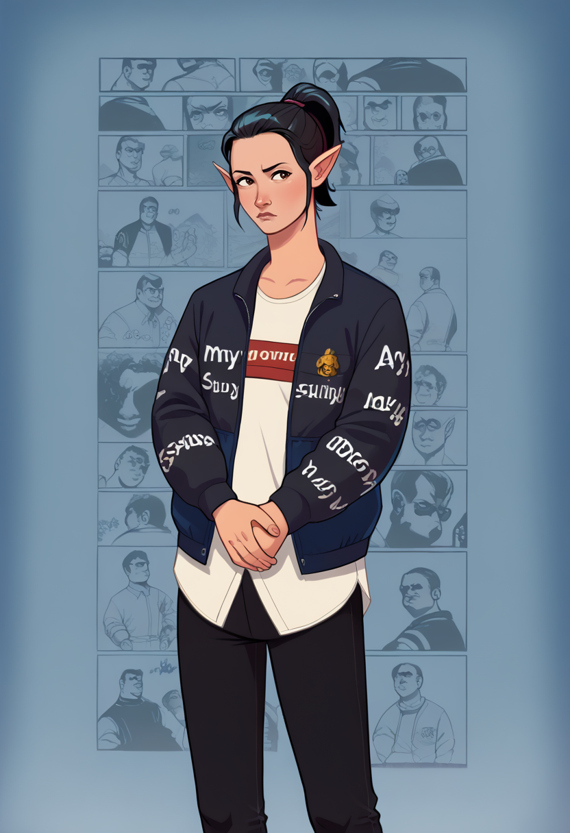 score_9, score_8_up, score_7_up, 1girl, solo, SulfS-S3B1LL3,
pointy ears, black hair, short hair, low ponytail, brown eyes,
skinny, tall,
white shirt, black pants,
 <lora:bullypxl:1> bullypxl, comic wallpaper,  <lora:attire_dripjacket_ponyXL:0.8> dripjacket, own hands together,  <lora:Sebille_Kaleran_Divinity_Original_Sin_2-000003:0.7>