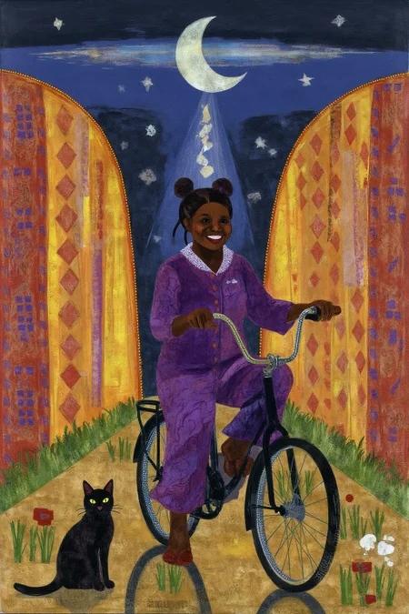 mixed media collage.
A Japanese school girl riding a old style bicycle through a narrow, quiet street at night. The happy woman wears a simple, flowing purple dress. In the corner, a small black cat with piercing eyes sits watching her quietly. The mood is tranquil and slightly magical.  <lora:ekho_collage_nocap_d6a3e12:1.0><lora:824703192211385215:0>