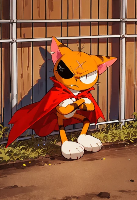 matatabi_ckc, solo, furry male, furry, looking away, orange fur, red cape, eyepatch, male, cat, scar, annoyed, bored, narrowed eyes, half closed eyes, closed mouth, crossed arms, looking at viewer, fangs, 1 eye, eye, backward, fence, (((score_9, score_8, score_7, high quality, high detail, detailed face, good anatomy, full body)))