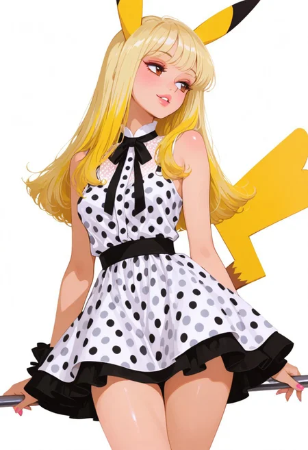 masterpiece, best quality, highly detailed, score_9, score_8_up, score_7_up, score_6_up, dramatic lighting, dynamic posture, sexy attire, seductive, 1girl, stylized fashion-forward Pikachu, digital painting style, anthropomorphized slender figure, vintage 1950s polka dot dress, classic high neckline, sleeveless design, yellow fur contrast, black and white polka dots, pixelated ears and tail, simple pixelated shoes, human-like gentle expression, dreamy impressionistic feel, speckled yellow highlights, textured brushstroke effect, black heeled shoes, detailed dress pattern rendering, medium artistic detail, playful elegance, retro-inspired aesthetic, soft lighting highlights, whimsical character portrayal, harmonious color balance, surreal anthropomorphic theme, intricate visual details, stylish modern twist, cowboy shot