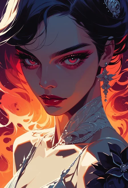 score_9, score_8_up, score_7_up, score_6_up, score_9_up, score_8_up, ultra-detailed, high quality, negative, character concept art, limited palette, 1girl, beautiful, pale white vampire, elegant pose, futuristic fashion, a floating fire hovers between her hands, masterpiece, very detailed elegant gothic background