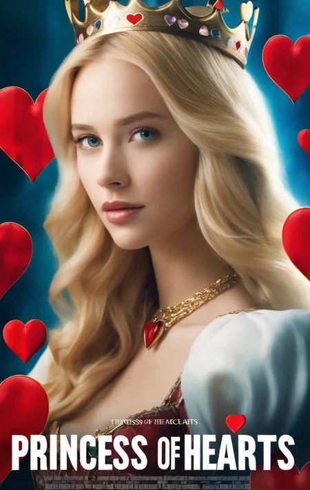 A beautiful blonde girl, close-up, portrait, with title "THE PRINCESS OF HEARTS" on it
,Movie Poster, MoviePosterRedAF,
,<lora:MoviePosterRedAFConfig4DebiComTE:1>