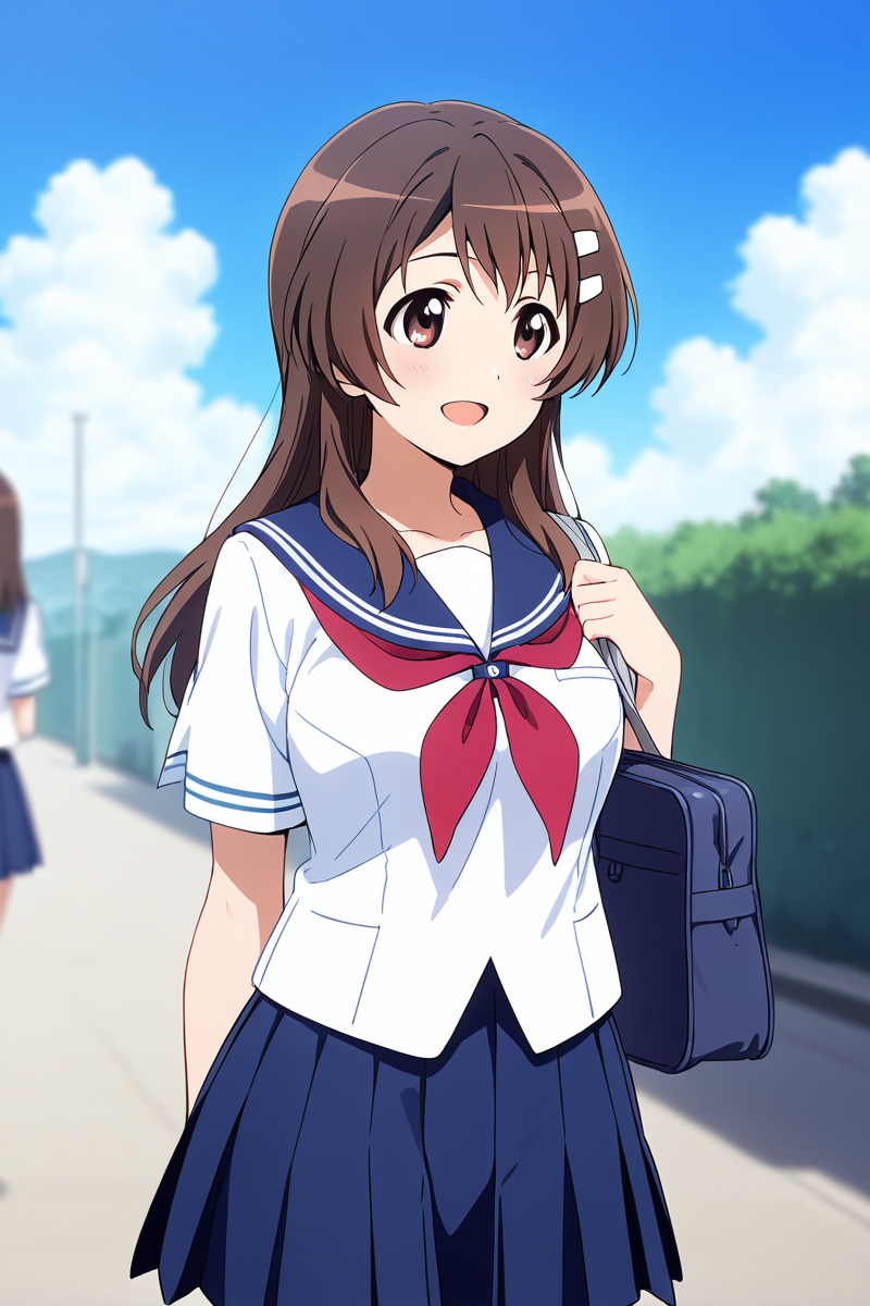 <lora:Niimi_Haruka_PHTKN_Illus:1>niimi haruka, outfit 1, sailor uniform, long hair, open mouth, skirt, brown hair, hair ornament, school uniform, blue pleated skirt, outdoors, sky, serafuku, solo focus, day, hairclip, cloud, bag, blurry, depth of field, school bag, red neckerchief, white uniform, blue sailor collar, alone, cowboy shot, smile, untucked shirt,