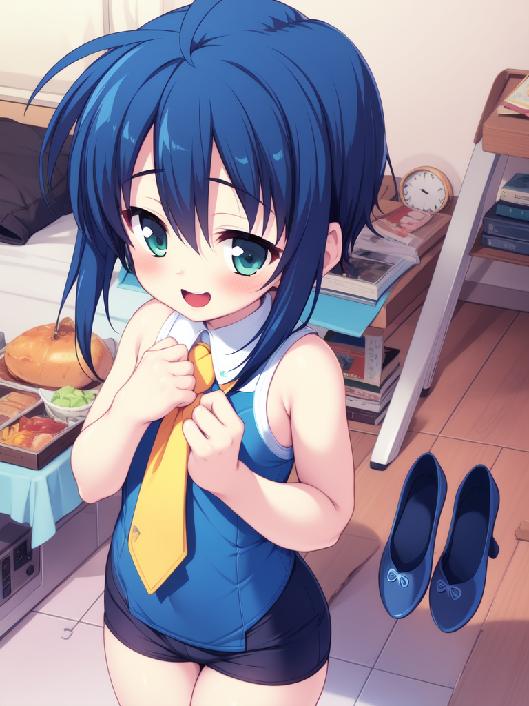 <lora:SakuragawaMinato:0.8>,  	SakuragawaMinato, 1boy, solo, shoes, necktie, socks, blush, swimsuit, mary janes, open mouth, standing, blue Shorts, one-piece swimsuit, white socks, looking at viewer, smile, own hands together, bare shoulders, sleeveless, anime,
masterpiece, high quality, very_high_resolution, large_filesize, full color,