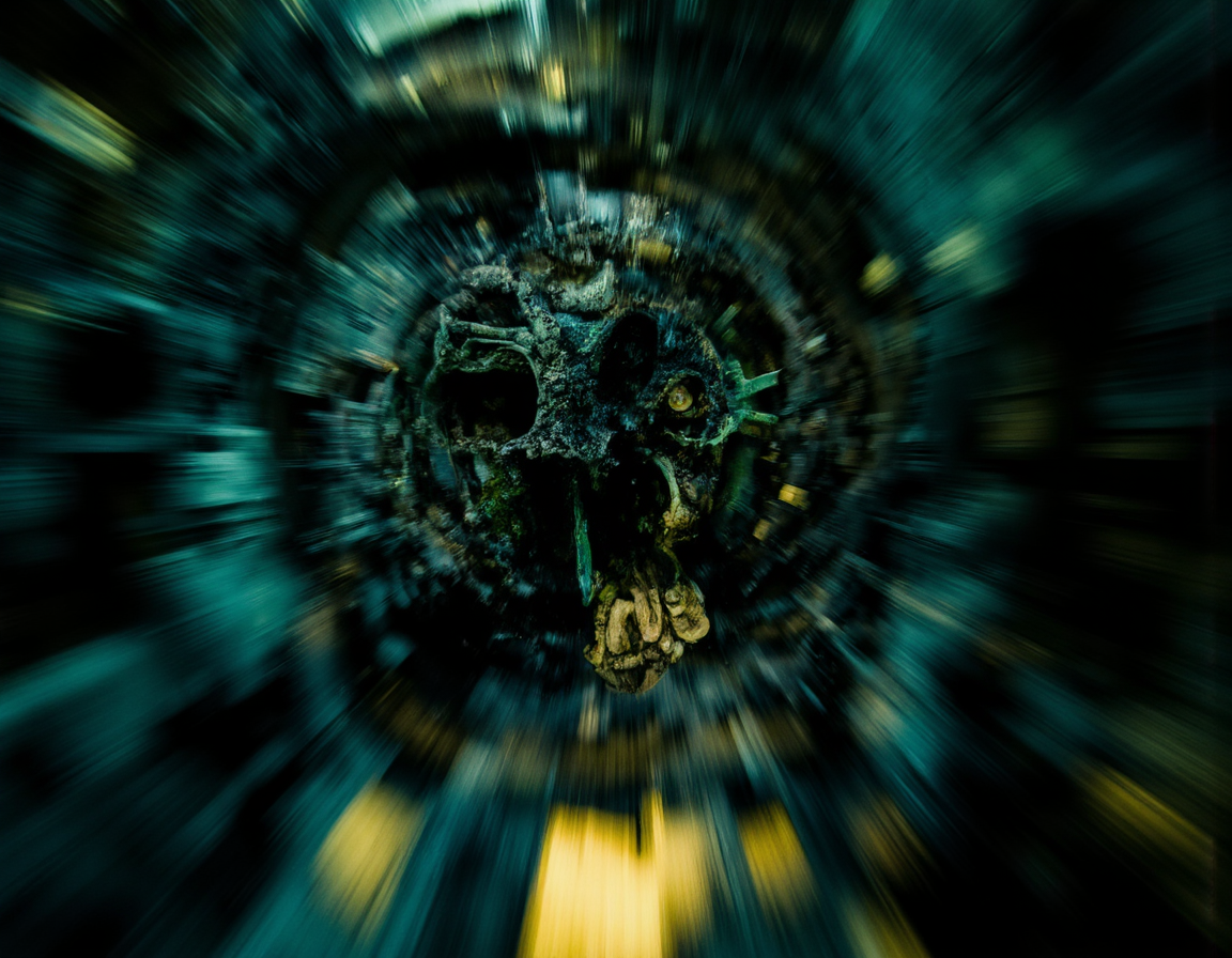 <lora:Blur:0.85> blur, Creepy, distorted perspective, photorealistic, 8k, motion blur of shifting geometric shapes, desaturated color palette with prominent deep blues and sickly greens, hyperdetailed textures of corroded metal and pulsating organic matter, ominous dark corners. . 35mm photograph, film, bokeh, professional, 4k, highly detailed