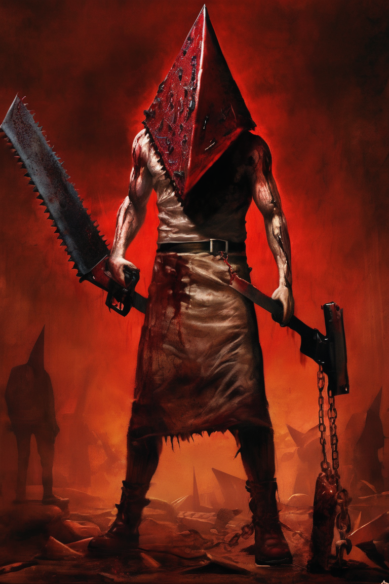 silent hill style, pyramid head, chainsaw, bloody, 1boy, muscular male,chains, weapon  <lora:silent_hill_xl:1>