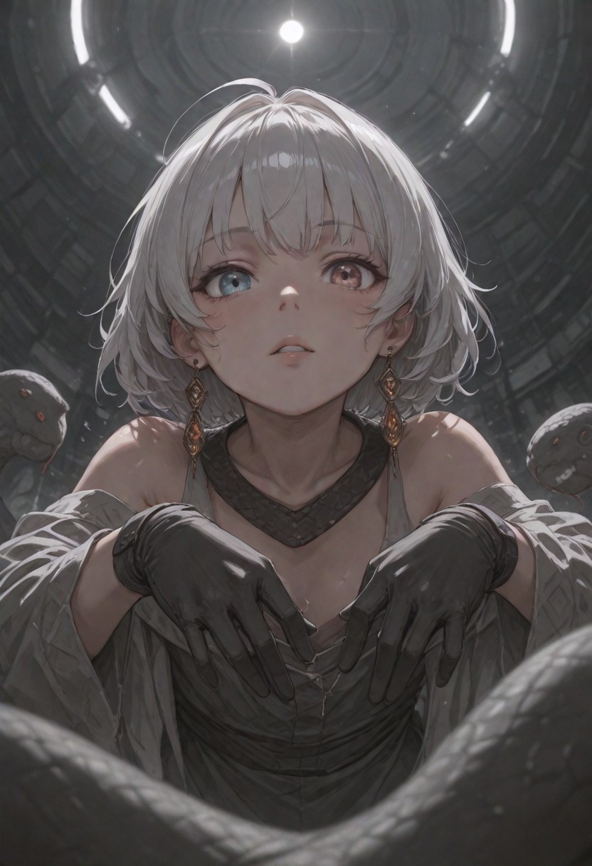 best quality, amazing quality, very  esthetic, newest, scenery, high-resolution, masterpiece, detailed eyes, perfect eyes, realistic eyes, depth of  field, low angle, bend backward,
1girl, solemn, confident, heterochromia, looking viewer ,solo ,silver hair, short hair, open shoulder, snake trimmed,  earrings,  jewelry, gloves,
bloom, snake style, volumetric lighting,  (fighting stance:0.7).