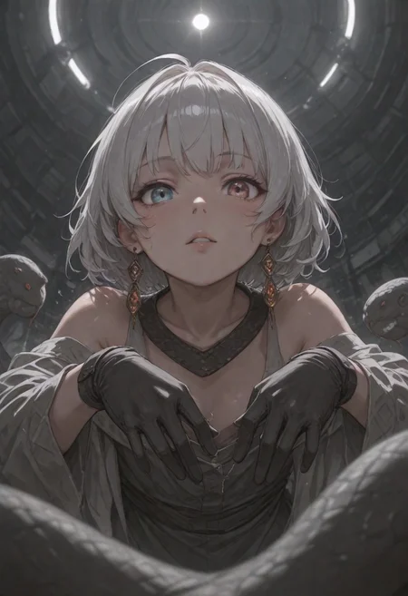 best quality, amazing quality, very esthetic, newest, scenery, high-resolution, masterpiece, detailed eyes, perfect eyes, realistic eyes, depth of field, low angle, bend backward,
1girl, solemn, confident, heterochromia, looking viewer ,solo ,silver hair, short hair, open shoulder, snake trimmed, earrings, jewelry, gloves,
bloom, snake style, volumetric lighting, (fighting stance:0.7).
