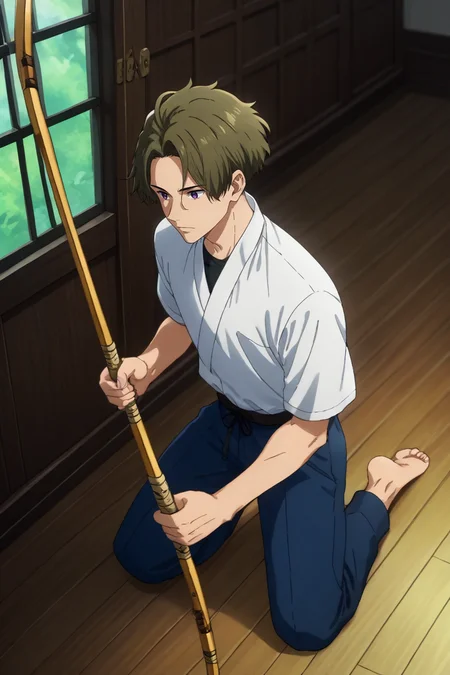 score_9, score_8_up, score_7_up,score_6_up,score_5_up,score_4_up,source_anime,BREAK, rating_safe, intricate details, , anime screencap, anime coloring, official style, depth of field,1boy, solo, male focus, <lora:fujiwara:0.95>,shuu fujiwara,olive green hair,purple eyes,short hair,curtain bangs,shirt, gloves, holding, weapon, Japanese clothes, pants, indoors, holding weapon, kneeling, single glove, reflection, partially fingerless gloves, wooden floor, bow (weapon),holding bow,archery,muneate, sliding doors,yugake, kyudo,yumi(bow),view from above , , , <lora:sdxl_lightning_8step_lora_315544:1>