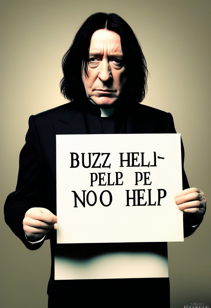 <lora:PE_HoldingSign:0.8> PEHoldingSign, sad face,
professor snape holding a sign that says buzz help please nono