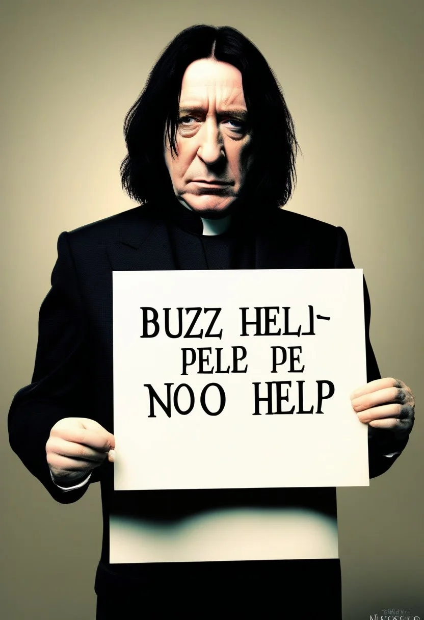 <lora:PE_HoldingSign:0.8> PEHoldingSign, sad face,
professor snape holding a sign that says buzz help please nono
