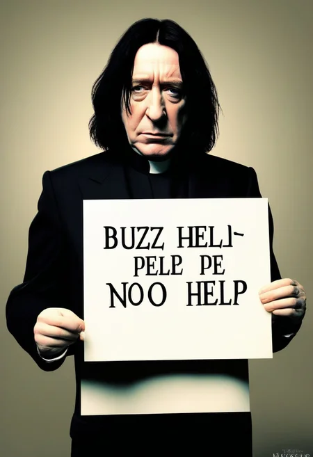 <lora:PE_HoldingSign:0.8> PEHoldingSign, sad face,
professor snape holding a sign that says buzz help please nono
