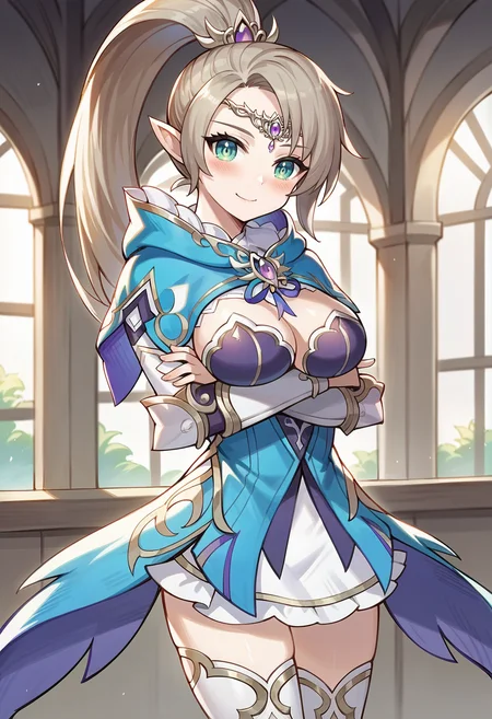 score_9, score_8_up, score_7_up, source_anime, <lora:selenekr-ponyxl-beta4-08:1.0>,selenekr, 1girl, solo, cowboy shot, thighs, looking at viewer, detached sleeves, purple sleeves, ponytail, short blue dress, blue capelet, hood, hood down, frills, jewelry, hair ornament, white thighhighs, gold trim, white skirt, vambraces,light smile, blush,indoors, crossed arms, arms under breasts, cleavage, medium breasts, circlet, presenting,
