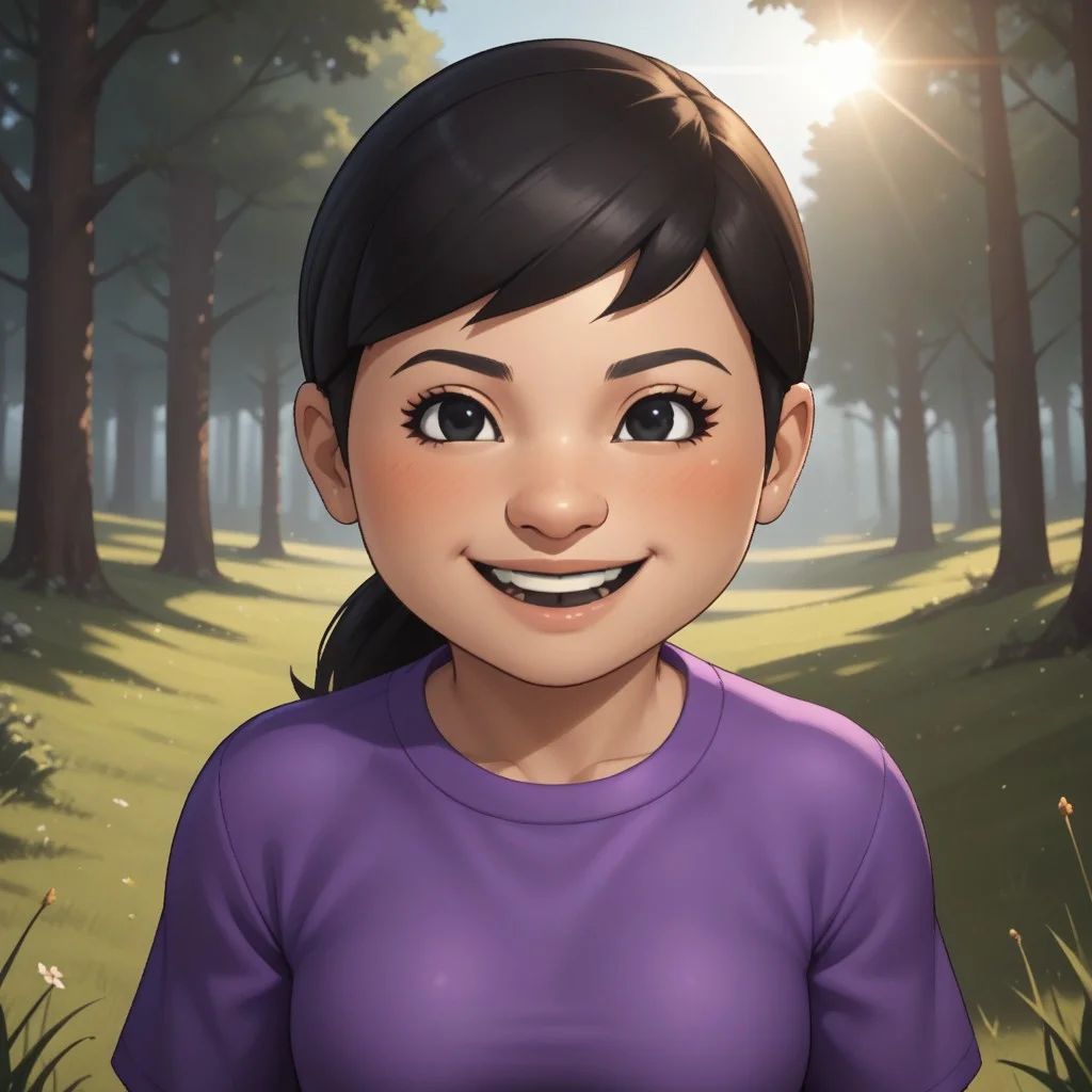 score_9, score_8, BREAK, solo, mii, wii u, wii sports club, 1girl, female mii, cute, black hair, ponytail, black eyebrows, black eyes, open mouth, teeth, blush, purple clothing, black pants, sneakers, small breasts, Pian-Pian_(\Wii_Sports_Club\), Nintendo Mii, modern_mii, classic_mii, sexy pose, smile, outdoors, sunlight, shadows, evening lighting, natural lighting, forest, trees, grass, orange sky, sunset