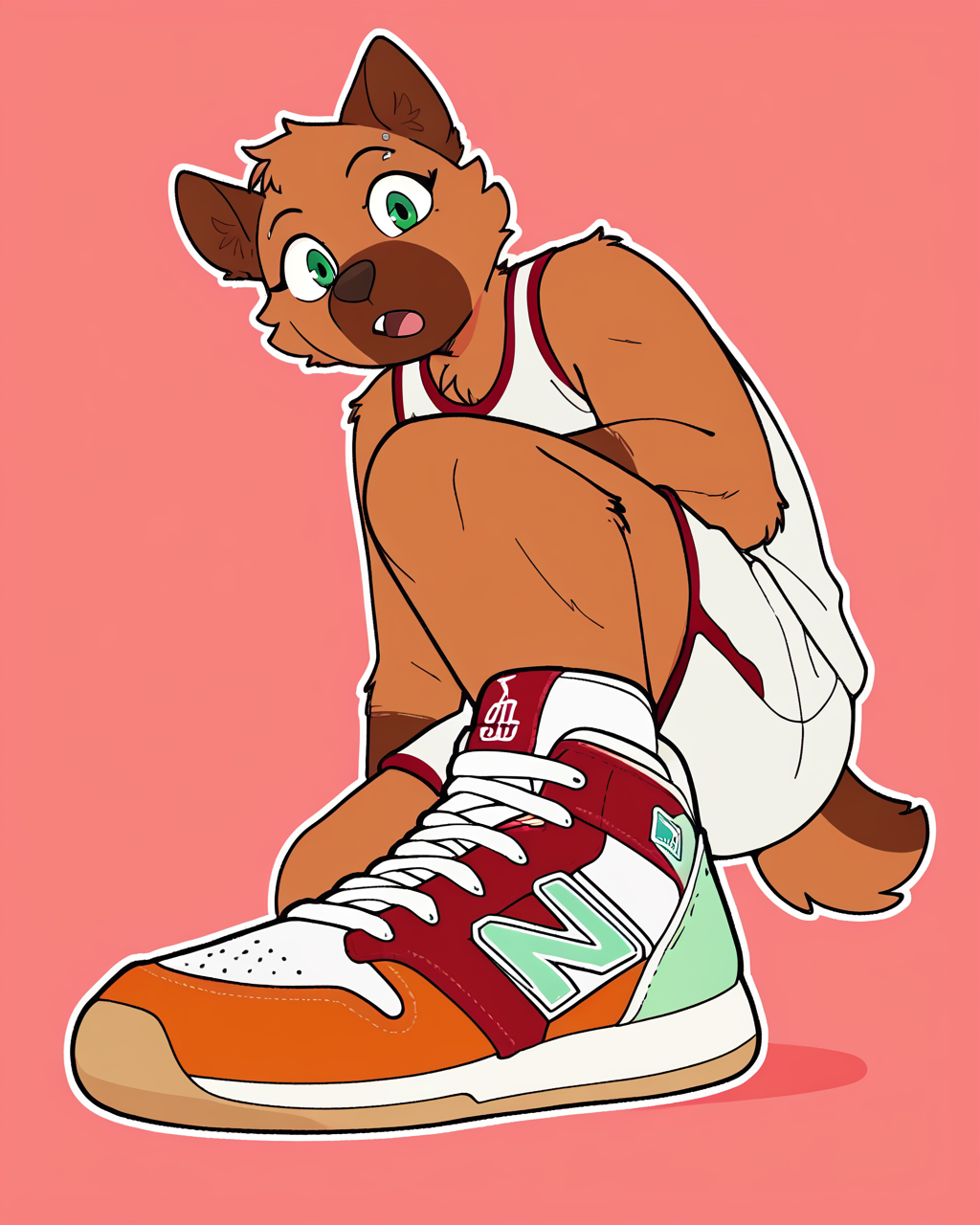 score_9_up, score_8_up, score_7_up, score_6_up,  brown body, furry female, female, furry, green eyes,  looking at viewer, eyebrow piercing, solo, three-quarter view, head tilt, :O, open mouth, pogchamp, jersey, basketball jersey, white shorts,  (basketball uniform), tail, sneakers, simple background, white outline, low-angle view,   <lora:Leah_Pines(AIM)_XL_v1:0.15> <lora:PDXL_artist_tags_v2_big:0.6> <lora:The-Minuscule-Task_PDXL_v1.0:0.6>  <lora:Rose_Naire_sonokido:0.75> <lora:showinshoes:0.8>