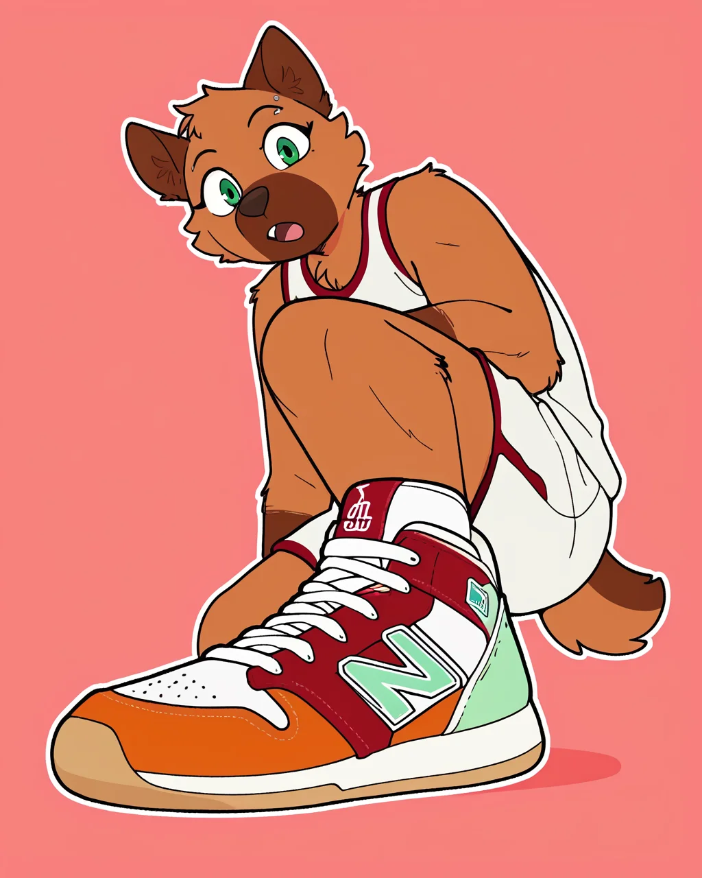 score_9_up, score_8_up, score_7_up, score_6_up, brown body, furry female, female, furry, green eyes, looking at viewer, eyebrow piercing, solo, three-quarter view, head tilt, :O, open mouth, pogchamp, jersey, basketball jersey, white shorts, (basketball uniform), tail, sneakers, simple background, white outline, low-angle view, <lora:Leah_Pines(AIM)_XL_v1:0.15> <lora:PDXL_artist_tags_v2_big:0.6> <lora:The-Minuscule-Task_PDXL_v1.0:0.6> <lora:Rose_Naire_sonokido:0.75> <lora:showinshoes:0.8>