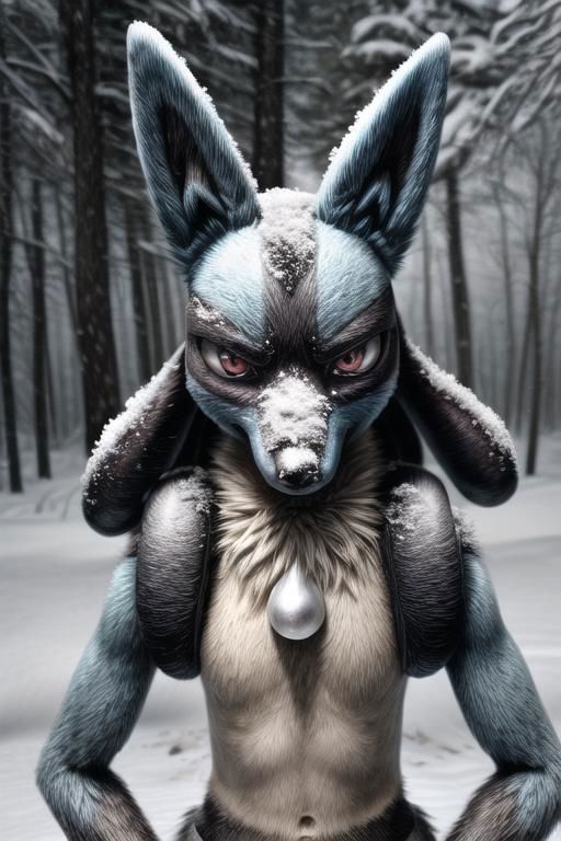 ASCIIAnime style, Real e621, trending on Artstation, uploaded on e621, ultra-realism style, high-angle side shot, solo focus, (very fluffy lucario_(pokemon) with body fluff), (very fluffy lucario_(pokemon) snow-covered, snow on face and ears and fur, snowing, (((covered in fine snow))), (annoyed at viewer), dark night in snowy forest, (paws on hips, slumping head), sharp bright red anime lucario_(pokemon) eyes, annoyed expression, frowning, gritting sharp teeth, glistening sleek snow-covered fur, (((sharp image details))),