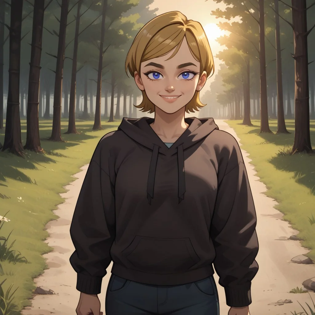 score_9, score_8, BREAK, solo, total drama, 1girl, dark blonde hair, indigo eyes, black eyebrows, lips, dark brown hoodie, dark blue pants, green sneakers, Jo_(Total_Drama), tdroti, sexy pose, smile, outdoors, sunlight, shadows, evening lighting, natural lighting, forest, trees, grass, orange sky, sunset