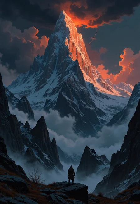 dark storm clouds on a peak, huge mountain massif under dark storm clouds, the low sun breaks through the dark clouds and illuminates part of the mountainside, the rocks glow in all colors, strong light contrasts, dramatic cloudy sky, epic scene, dreamlike landscape, in the foreground a lonely man stands and looks at the scenery, 8K, ultra detailed, extreme dynamic range, photorealistic with deeply saturated color transitions. High detail, painterly textures, 8K resolution, atmospheric depth, concept art, mysterious and adventurous tone. DB4RZ, DB4RZ style painting, Anime art