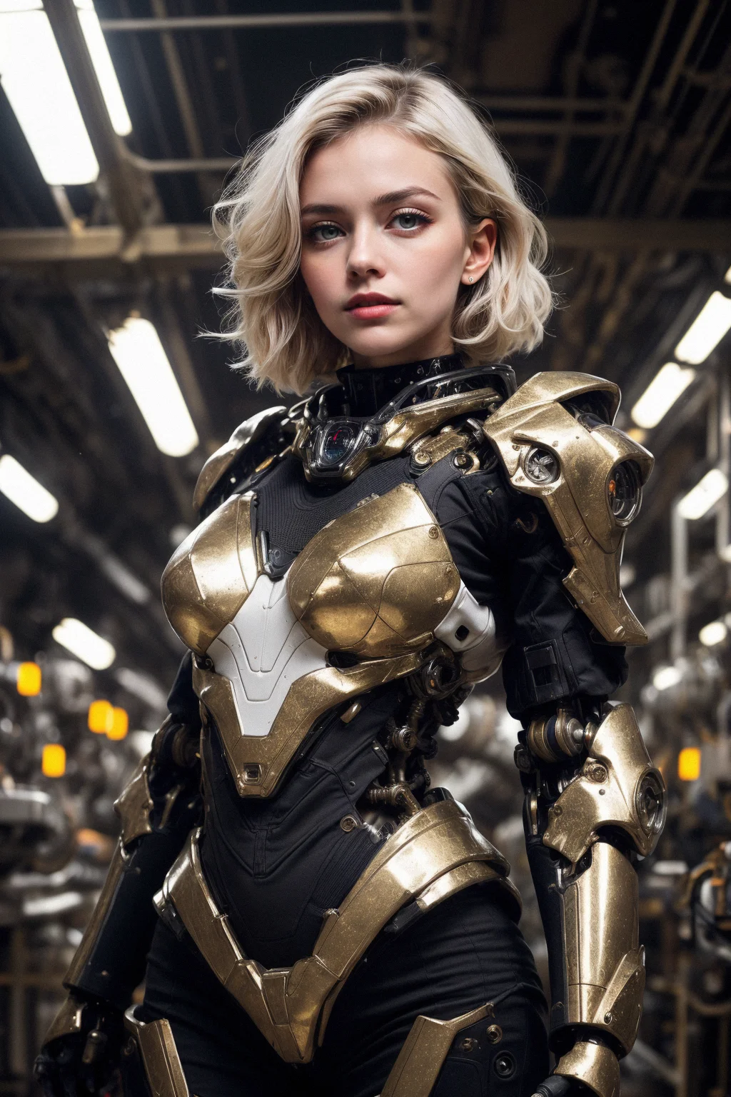cgmech, , beautiful eyes, upper body, underboob, portrait, robot,white orange armor, white shimmering hair, neon light, 8K, RAW, best quality, masterpiece, ultra high res, colorful, (medium wide shot), (dynamic perspective), sharp focus , (depth of field, bokeh:1.3), extremely detailed eyes and face, beautiful detailed eyes,large breasts,(black gold, trimmed gear:1.2),(In a futuristic weapons factory:1.2), ((masterpiece, best quality)), <lora:more_details:0.3> Detailed background, spaceship interior <lora:menpo_offset:0.2> <lora:Niji:0.6>