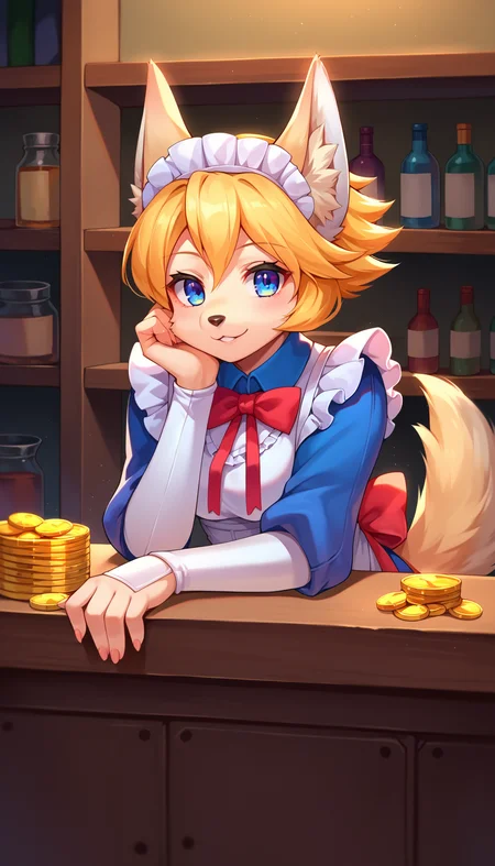 score_9, score_8_up, score_7_up, score_6_up, source_anime, vibrant colors
BREAK
<lora:FloPDXL:1> , floSR, full body, solo, 1girl, looking at viewer, dog girl, furry female, blue eyes, animal ears, animal nose, tail, blonde hair, short hair, maid, maid headdress, maid apron, frills, red bow, ribbon, puffy sleeves, smile, zettai ryouiki, zPDXL2, indoors, behind counter, leaning forward, elbow on counter, leaning on counter, head rest, hand on own cheek, coin, money, shelf