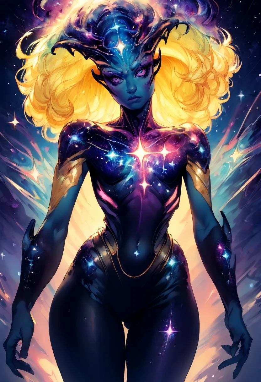score_9, score_8_up, score_7_up, score_6_up, score_5_up, score_4_up, 1girl, solo, alien girl, alien, taker_pov, Jem, pointing at viewer, reaching towards viewer, blonde curly hair, solo, wide hips, thick thighs, (ultra realistic, 32k, masterpiece:1.2), (high detailed skin:1.1), (high quality:1.1), celestianlora, void cosmic body, sparkle, neon,