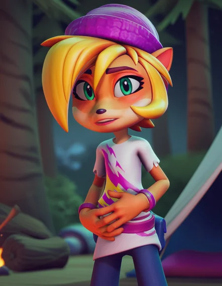 score_9, score_8_up, score_7_up, source_anime, <lora:coco-bandicoot-totally-tubular-ingame4-ponyxl-lora-nochekaiser:1>, coco bandicoot, short hair, blonde hair, green eyes, pointy ears, furry, 3d, shirt, hat, torn clothes, striped shirt, pants, camping, bonfire, tent, stargazing, marshmallows, forest clearing, night, , looking at viewer, hand on stomach, blush,, solo,, cowboy shot, dutch angle,