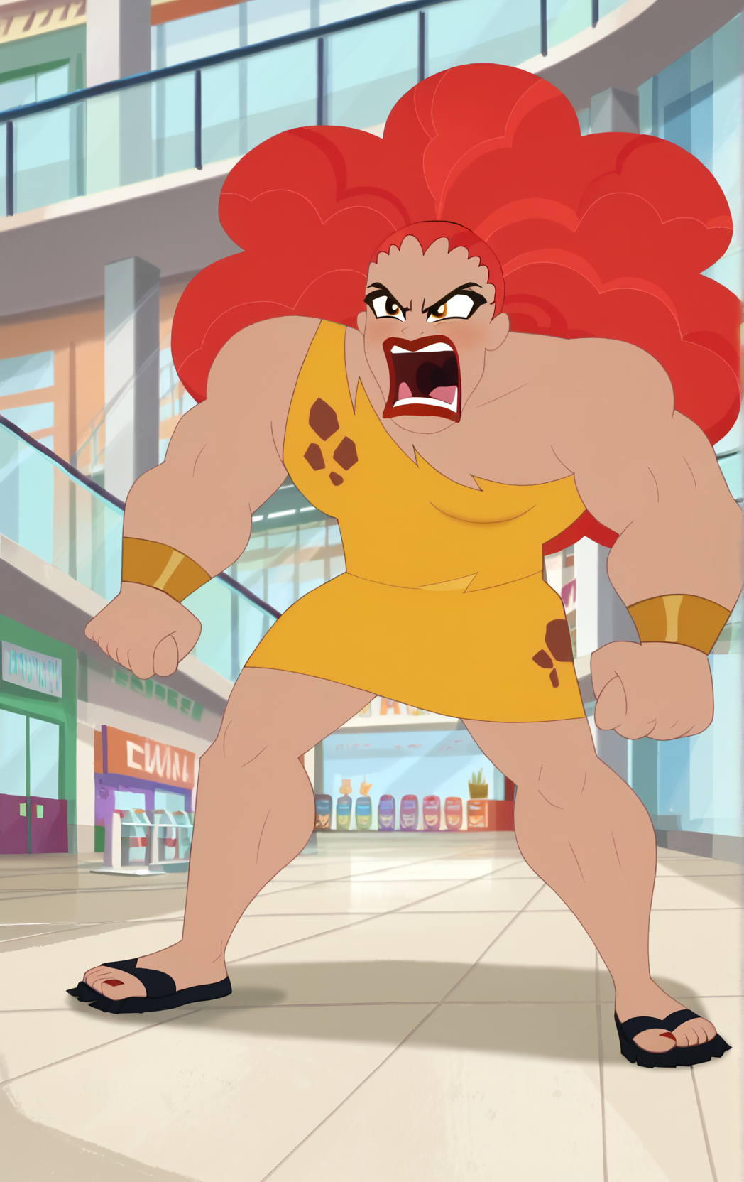 ((score_9)), score_8_up, ((high quality)), ((masterpiece)) BREAK
  DCSG Style, DorisZ, Giganta, muscular, afro, red hair good hands, uppercut punch, good anatomy, five fingered hands, mall background, screaming, (dynamic angle)<lora:DC_Superhero_Girls_2019:0.8>,<lora:pony_good_hands:0.8>