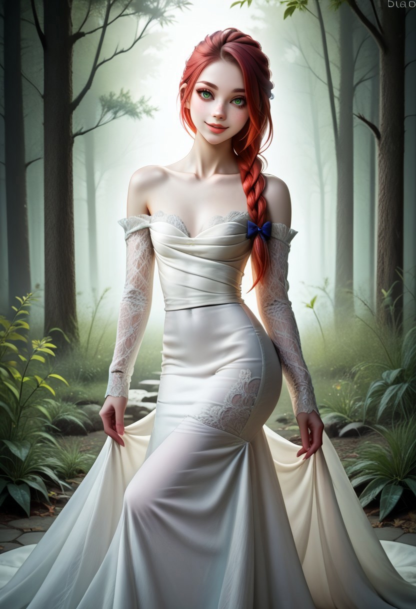 epic, volumetric lighting, raytracing, realistic reflection detail, cinematic 3D render, extremely detailed face, realistic skin texture, score_9, score_8_up, score_8_up, layering, 1girl, exposed, soft breast, slender body, ultra detailed, smooth skin texture, alluring curves, tasteful sensuality, softcore, a girl, very white skin, slight smile, long straight red hair, high braid, green eyes shining like emeralds, freckles, a long elegant white dress with lace,long white dress, off shoulder, detached lace sleeves, fitted bodice, floor-length, elegant, form-fitting, bridal gown, side view, looks sideways at the viewer, slight smile, in a spring forest, play of light with the leaves, moonlight