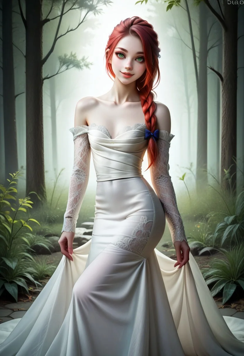 epic, volumetric lighting, raytracing, realistic reflection detail, cinematic 3D render, extremely detailed face, realistic skin texture, score_9, score_8_up, score_8_up, layering, 1girl, exposed, soft breast, slender body, ultra detailed, smooth skin texture, alluring curves, tasteful sensuality, softcore, a girl, very white skin, slight smile, long straight red hair, high braid, green eyes shining like emeralds, freckles, a long elegant white dress with lace,long white dress, off shoulder, detached lace sleeves, fitted bodice, floor-length, elegant, form-fitting, bridal gown, side view, looks sideways at the viewer, slight smile, in a spring forest, play of light with the leaves, moonlight
