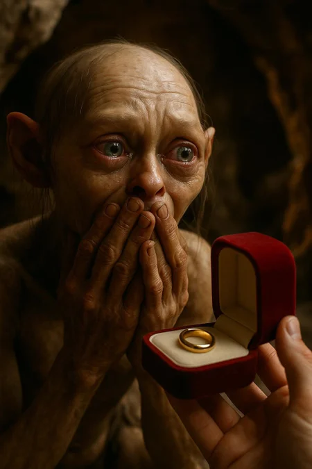 An cinematic, ultra photorealistic,Smigol, surprised expression, hands covering mouth, watery eyes. A gold ring being offered to him inside a red ring box. Cave landscape. Close-up, spontaneous moment, realistic portrait of a surprise marriage proposal. Natural light, warm tones, focus on the emotional reaction of the person portrayed.