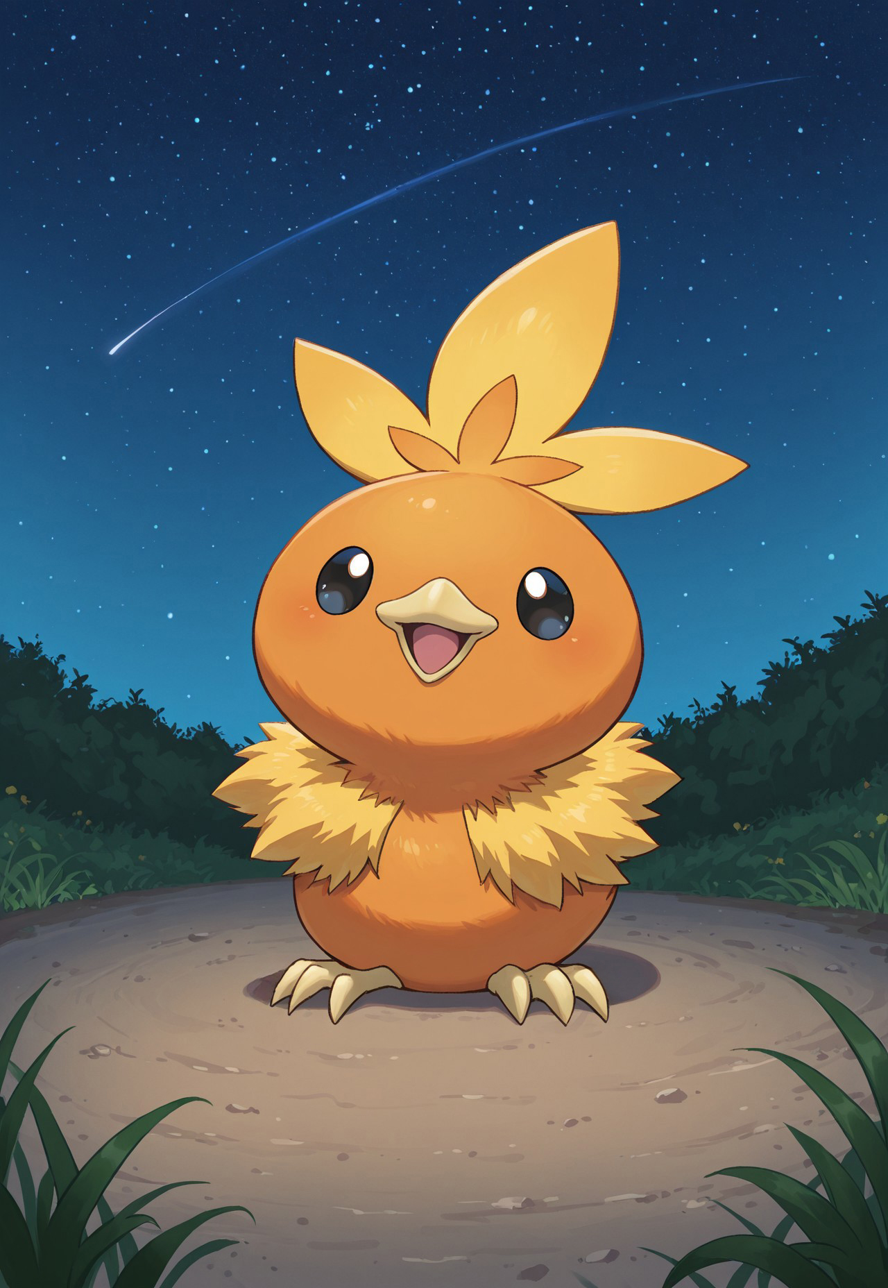 masterpiece, best quality, amazing quality, very aesthetic, absurdres, PKMN_Torchic, 1other, solo, no humans, black eyes, orange feathers, yellow feather collar, yellow feather hair, sitting, on ground, happy, dynamic pose, perspective, outdoors, plants, night, starry sky