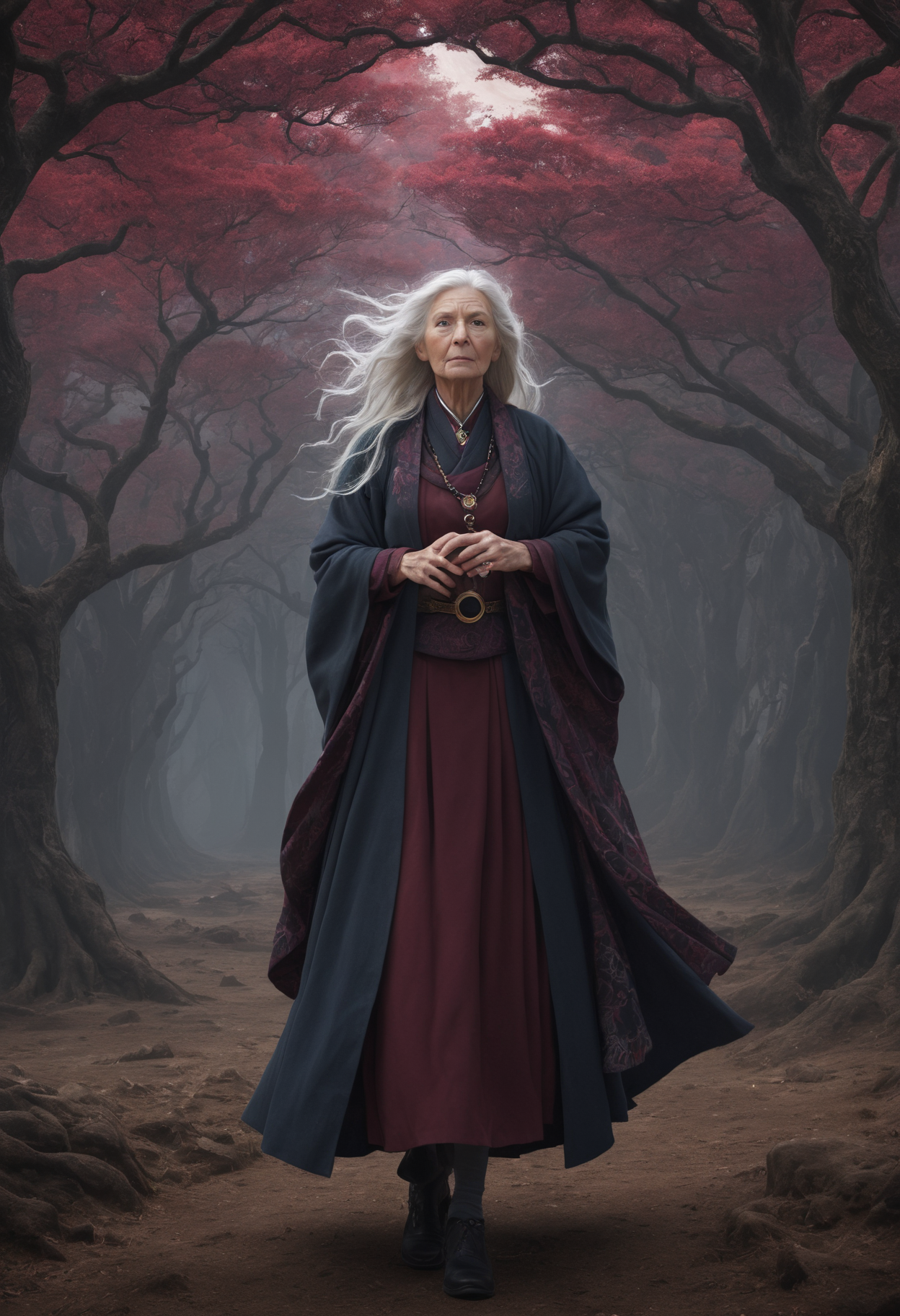 medium shot, DonMM1y4XL old woman,    captivate druidic kilt,  celestial capes,    scroll case  , burgundy molten tree, lunar landscape, mullion window,  <lora:DonMM1y4XL-v2rb>
