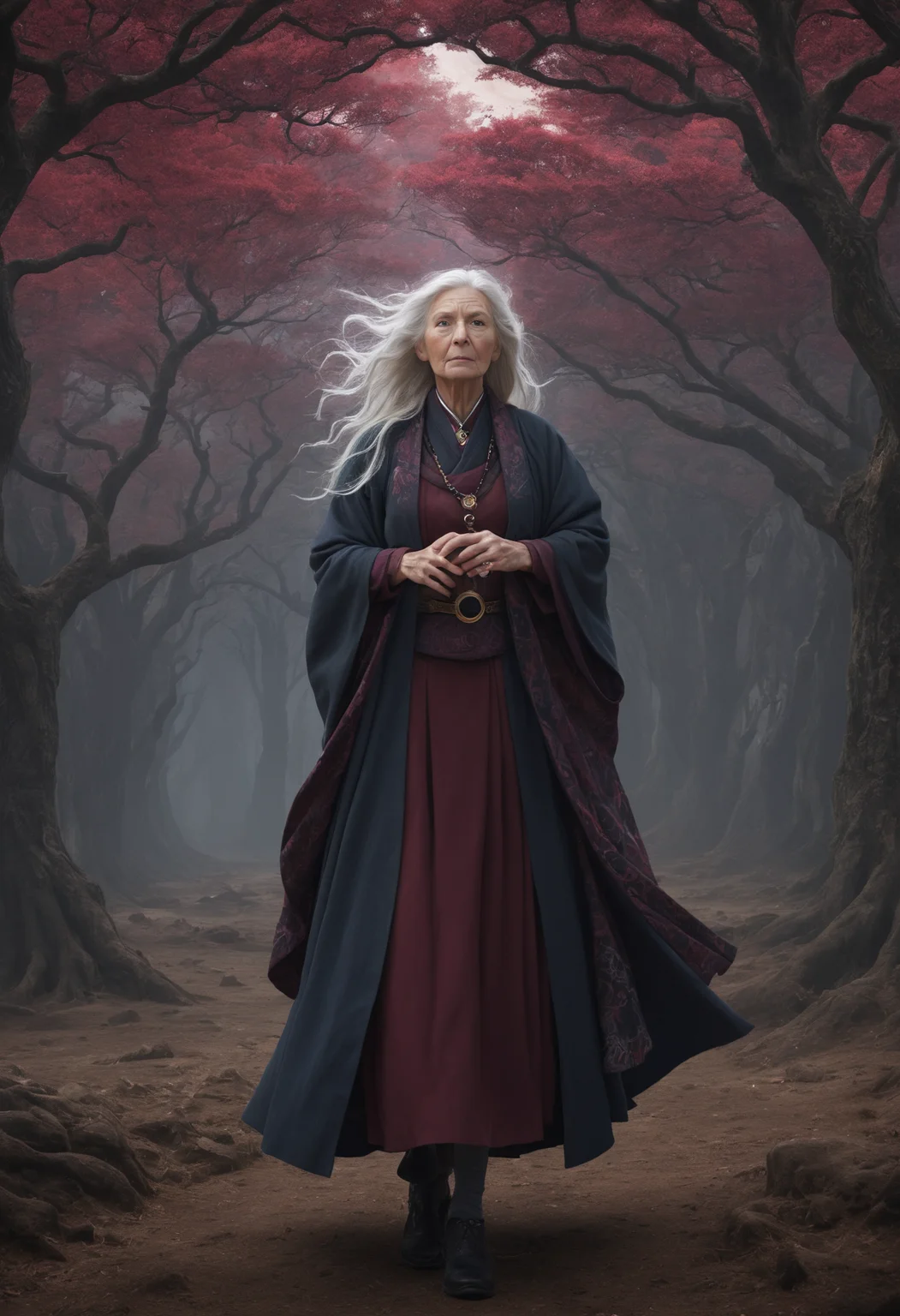 medium shot, DonMM1y4XL old woman,    captivate druidic kilt,  celestial capes,    scroll case  , burgundy molten tree, lunar landscape, mullion window,  <lora:DonMM1y4XL-v2rb>