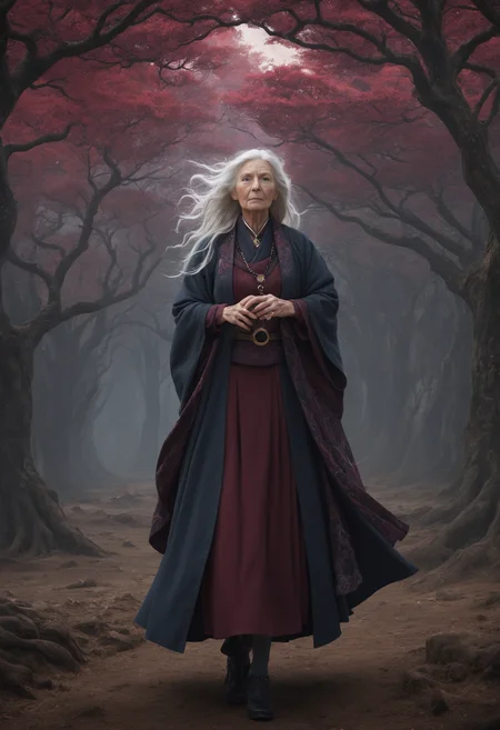medium shot, DonMM1y4XL old woman, captivate druidic kilt, celestial capes, scroll case , burgundy molten tree, lunar landscape, mullion window, <lora:DonMM1y4XL-v2rb>