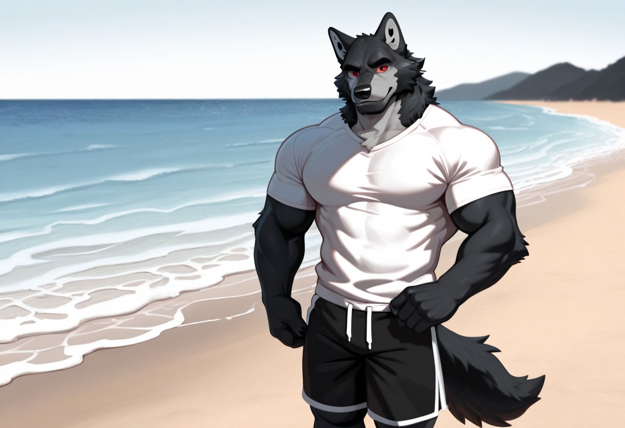 2d, 1boy, solo, black wolf, anthro, furry, red eye, muscular, muscular male, black fur, good muscular fur, on the beach, black and white shorts, white and red t-shirt