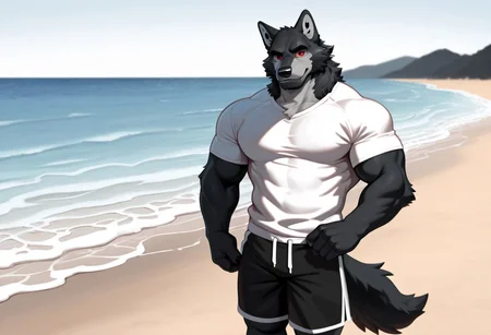2d, 1boy, solo, black wolf, anthro, furry, red eye, muscular, muscular male, black fur, good muscular fur, on the beach, black and white shorts, white and red t-shirt