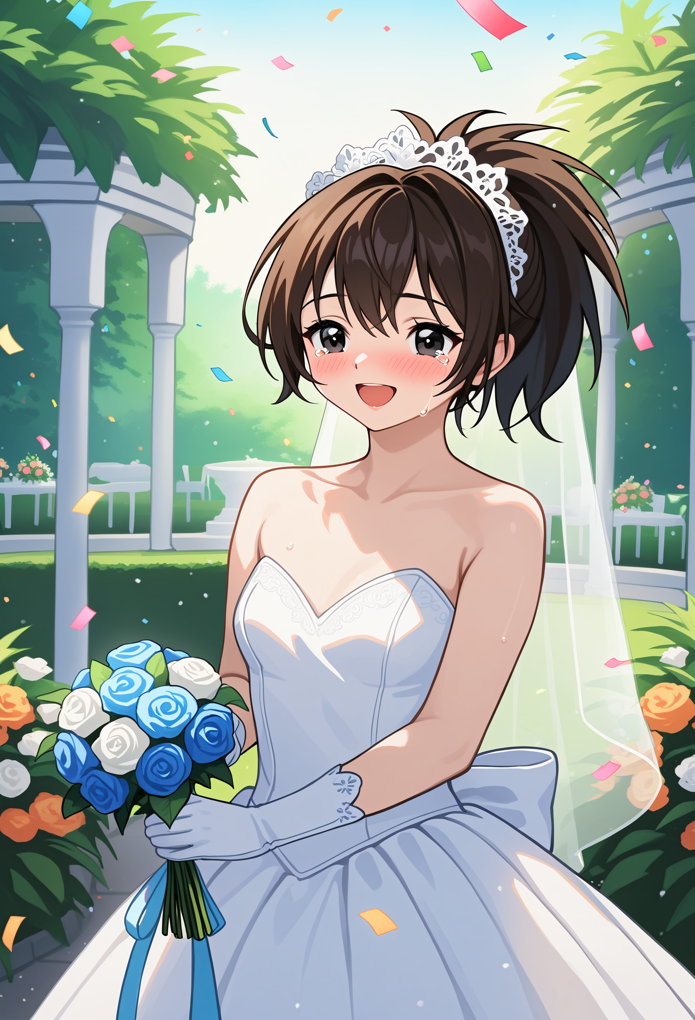 masterpiece, high quality, absurdres,  <lora:kozuemukai_animagin:1> mmkozue, ponytail, brown hair, short hair, black eyes,
wedding dress, white dress, bridal veil, white gloves, garden, standing, cowboy shot, smile, open mouth, tears, confetti,