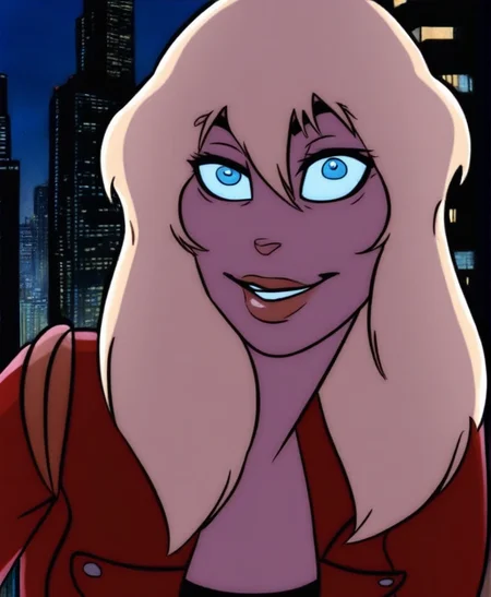 masterpiece, best quality, solo, ang3l, female, blonde hair, blue eyes, lips, red jacket, smirk, city skyline, night, by clock-face, <lora:AngelRRXL_03-Noob-nd32-na32-lr2-ep17:1>
