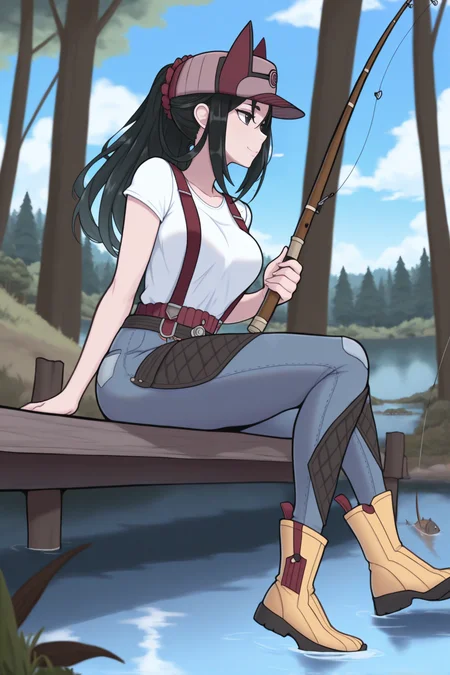 masterpiece, best quality, 1girl, solo, <lora:vckai-illu-nvwls-v1-000006:1> vckai, black hair, long hair, ponytail, red scrunchie, light brown headwear, cap, red suspenders, jeans, white shirt, sitting, yellow boots, full body, holding fishing rod, looking to the side, forest, lake, docks, smile, blue sky, clouds