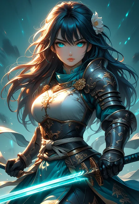hkstyle FFROA, A knight holding her sword, anime, Cyan teal black white, beautiful face, anime, martial arts sword pose, glowing sword