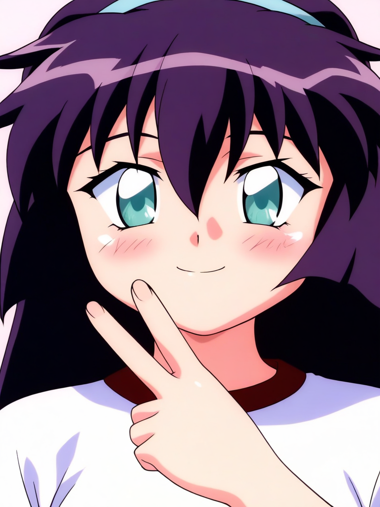 general,highres, ultra-detailed,very aesthetic,best quality ,best hands, BREAK  <lora:Amano_Misao_Pretty_Sammy_IS:1>
Amano_Misao, 1girl, solo, purple hair, long hair, bangs,  light blue hairband, green eyes,  hair between eyes, 
smile, blush, looking at viewer, shirt, white shirt, closed mouth, v, gym shirt, upper body, ponytail, blue eyes, hand up, portrait