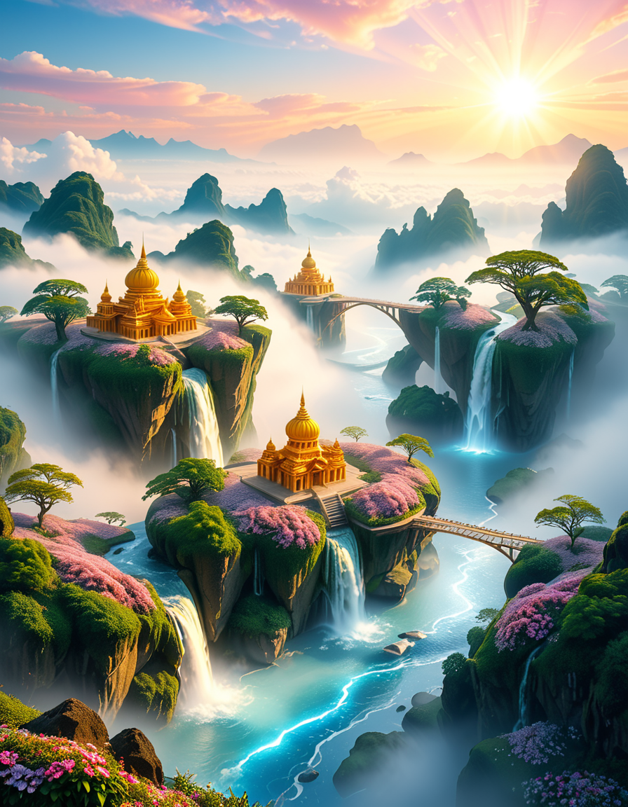 A mesmerizing celestial background featuring an otherworldly paradise. Towering crystalline mountains with peaks that glow softly under a sky painted in shifting hues of iridescent blues, pinks, and golds. Rivers of liquid light flow through vast, open meadows filled with luminescent flowers that pulse with a gentle glow. Gigantic, translucent trees with silver leaves sway in a breeze that carries floating particles of golden dust. Suspended bridges made of shimmering energy connect ancient, floating monoliths engraved with intricate celestial patterns. In the distance, an enormous radiant waterfall cascades into a bottomless, mist-covered abyss, reflecting the surrounding ethereal glow. A tranquil atmosphere, untouched and divine, filled with an overwhelming sense of wonder and serenity.
<lora:SDXLFaeTastic2400:0.4> <lora:extremely_detailed:0.4> extremely detailed, <lora:heavenly_l4ndsc4p3:1>,heavenly l4ndsc4p3, Masterpiece,best quality,hi res,8k,hi res,8k,award winning,(sharp focus, intricate, highly detailed),
